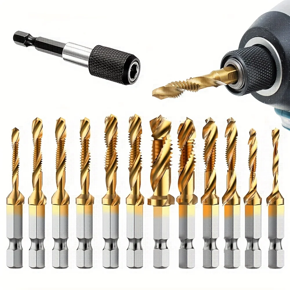 Combination Drill Tap & Tap Bit Set, 3-in-1 Titanium Coated Screw Tapping Bit Tool, With Quick-Change Adapter, 13 PCS