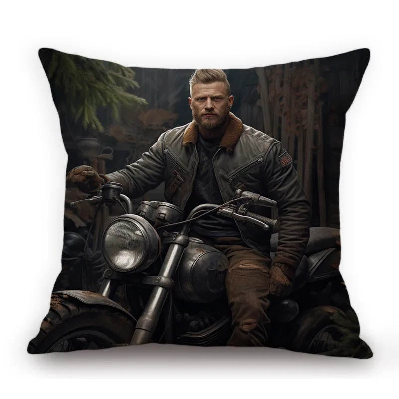 Handsome sexy Muscle Man Motorcycle Chopper Bike Poster Art Home Decorative Sofa Pillow Case Cotton Linen Cushion Cover