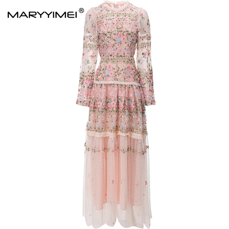 

MARYYIMEI New 2023 Vintage Fashion Designer Dress Women's Mesh Embroidered Translucent Lantern Sleeve Slim Pink Maxi Long Dress