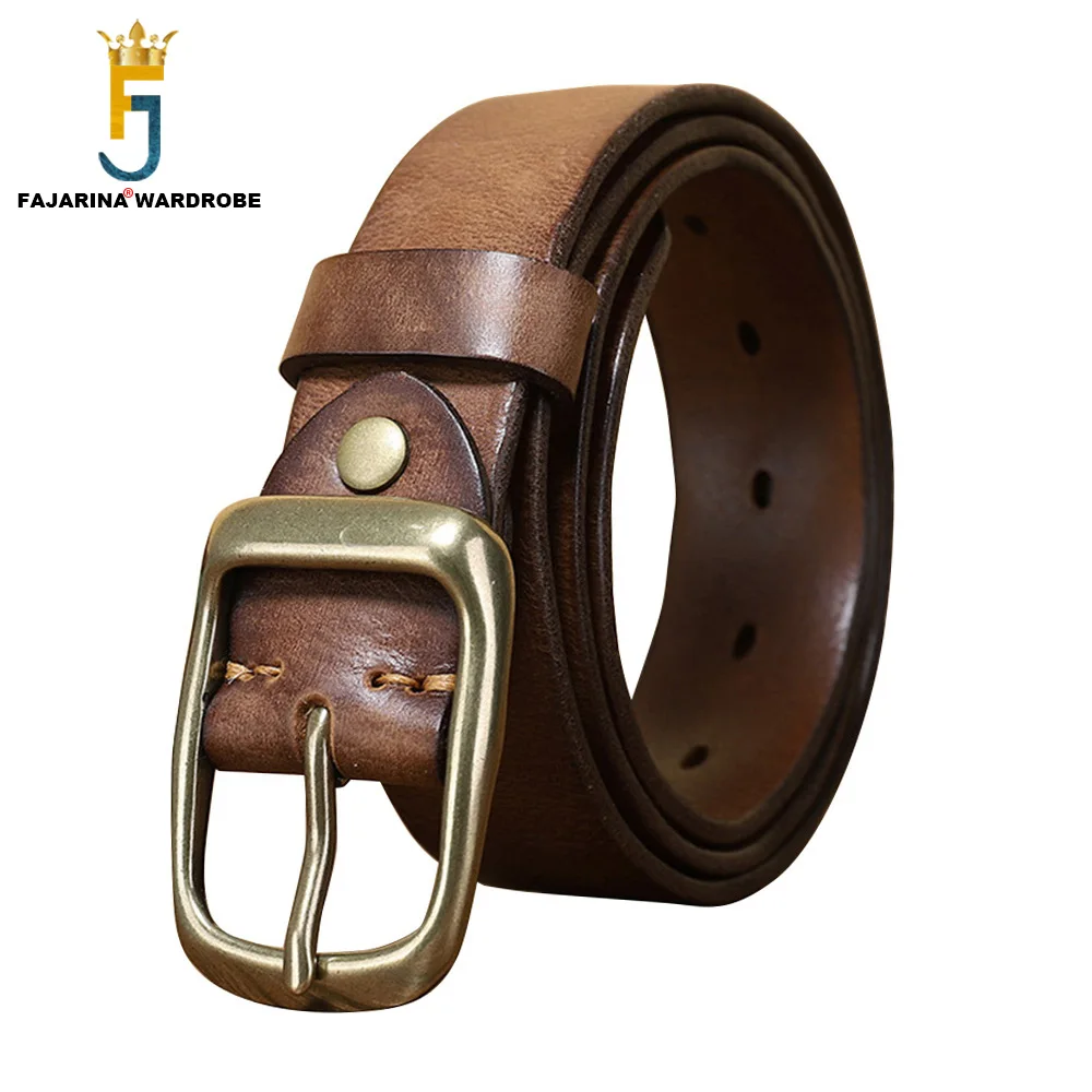 FAJARINA Top Quality 100% Solid Cowskin Leather Brass Pin Buckle Retro Belt 3.3cm Wide