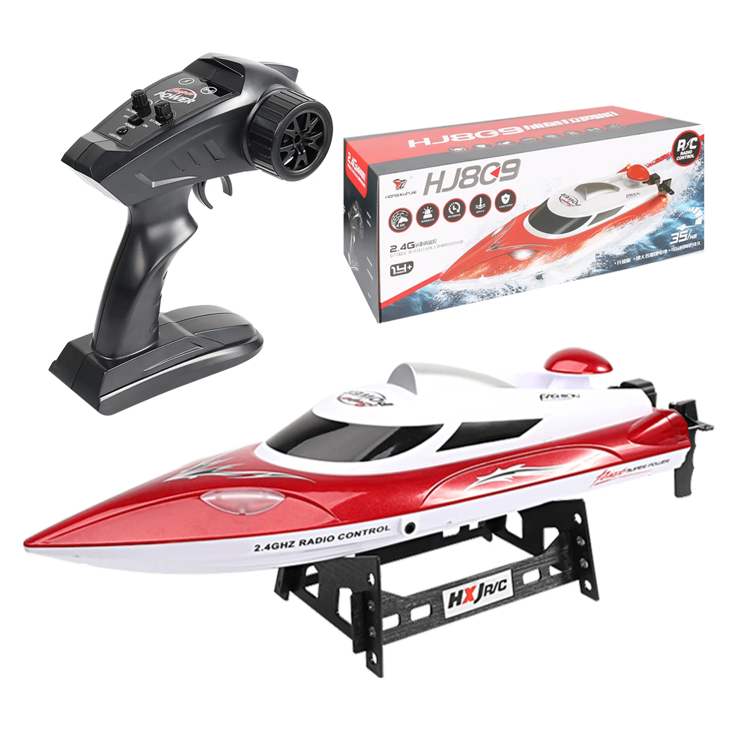 HJ809 RC Fishing Boat 2.4G Waterproof 35Km/h High Speed Racing Boat Colorful LED Lights RC Speedboat 3000mAh Battery