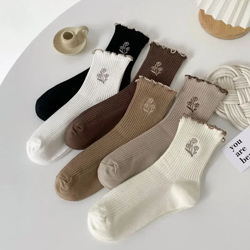 Student Cute Embroidery Coffee Retro Flower Autumn Cotton Girls Color Ruffled Socks Winter Women's Mid-tube Japanese