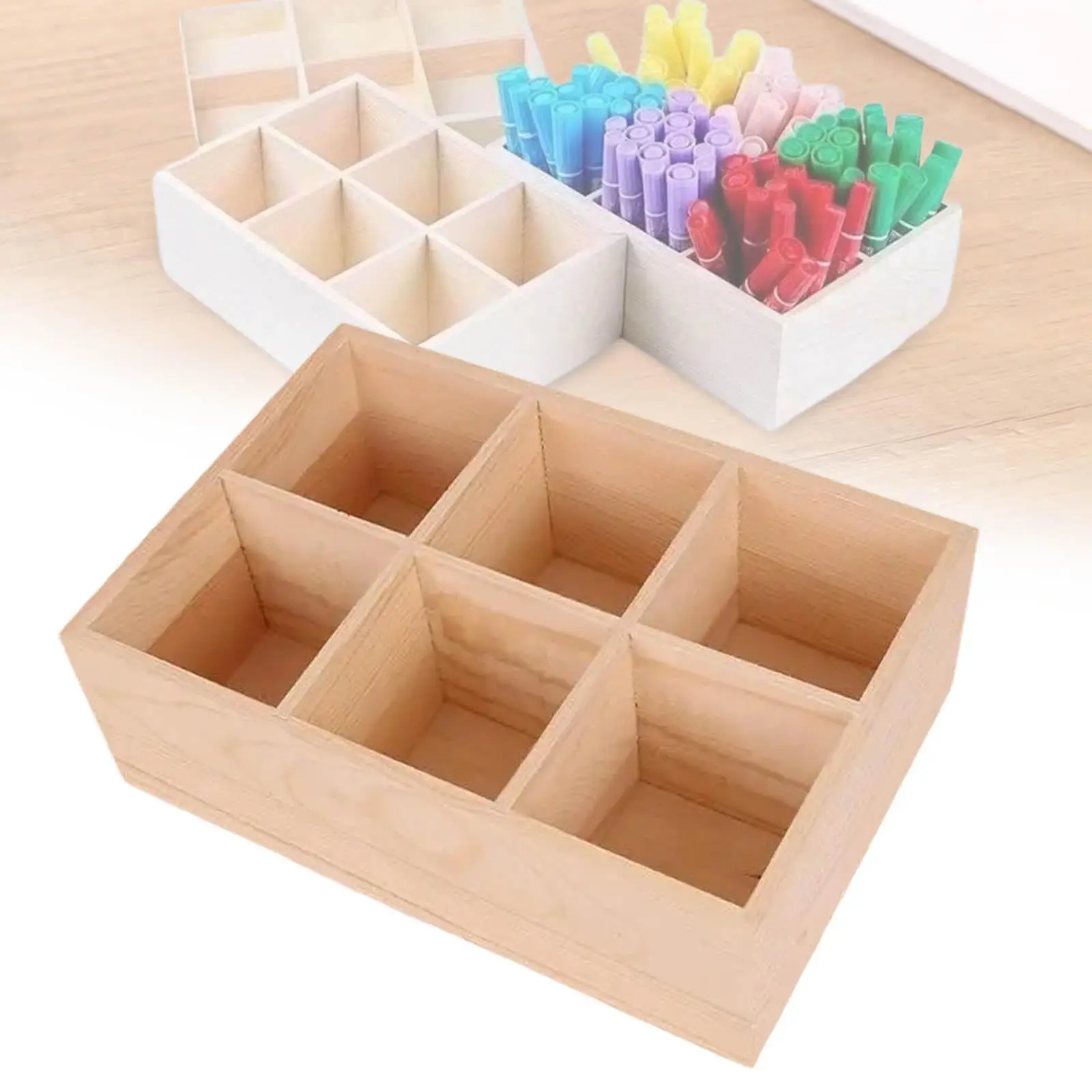 Wooden Pencil Holder 6 Grid Marker Pen Organizer for Desktop Home Studio