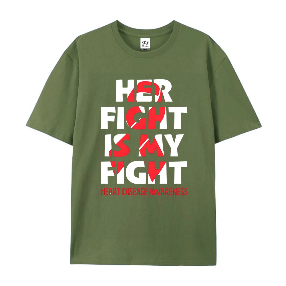 Men T Shirt Her Fight Is My Fight Letter Print Heart Disease Awareness Short Sleeve Cotton Oversized Casual Loose Tee Tops Male