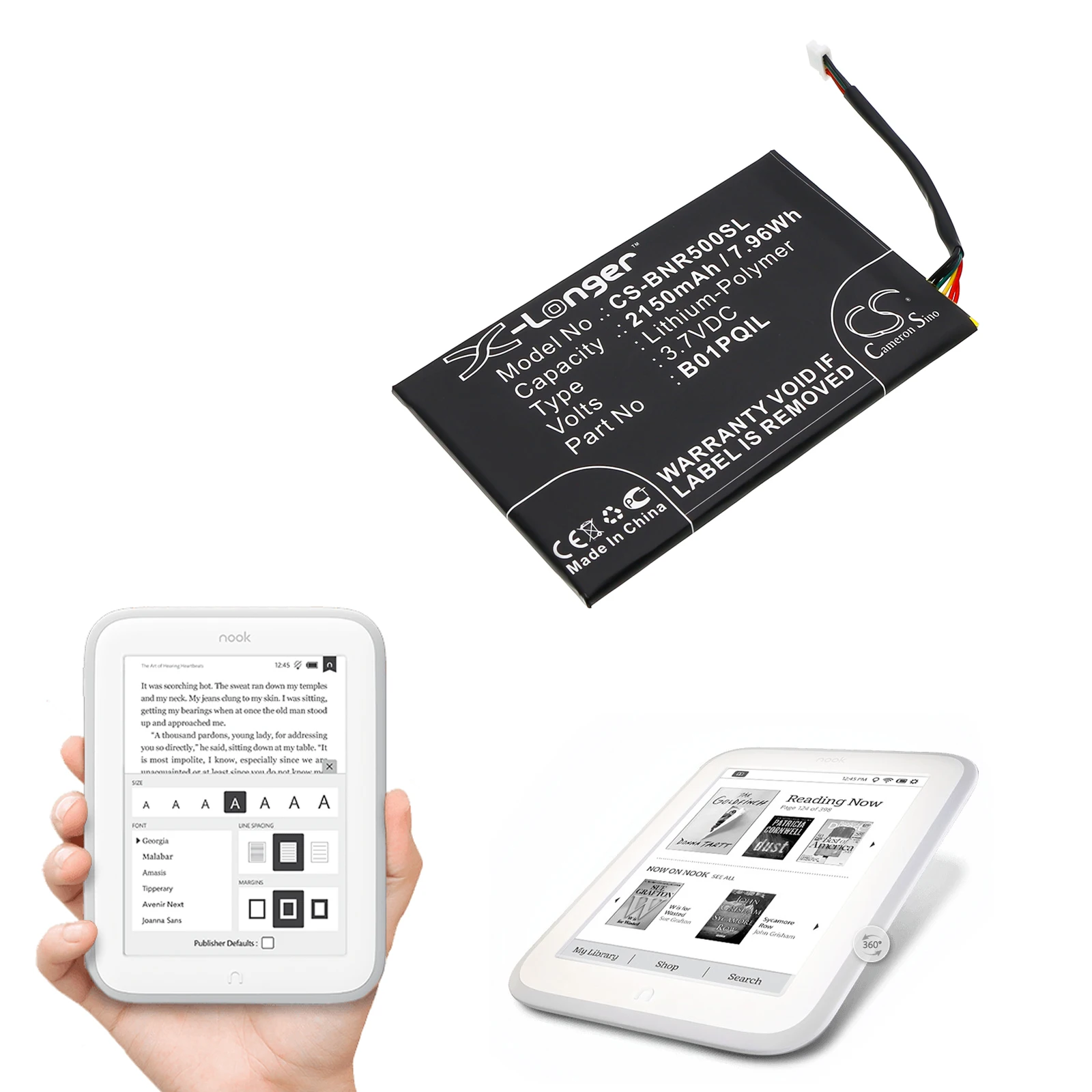 3.7V 2150mAh CS-BNR500SL E-book, batería de lector electrónico B01PQIL para Barnes & Noble BNRV500, luz incandescente WiFi, luz incandescente Nook + KIT DE HEOLS