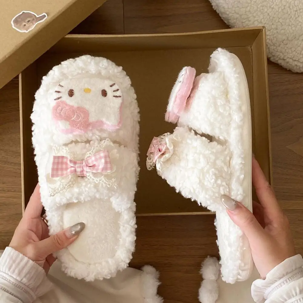 Kawaii женская обувь с героями мультфильмов, бархатные теплые удобные тапочки с милым бантом в стиле аниме, зимние пушистые тапочки, домашние тапочки