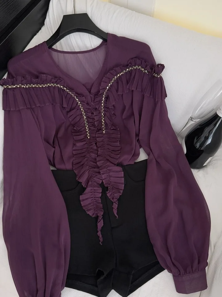 

Ele Long Sve Diamond Embellied Blouse Women's Loose Fit Faionable Age-Defng irt French Sle Polyester Fiber