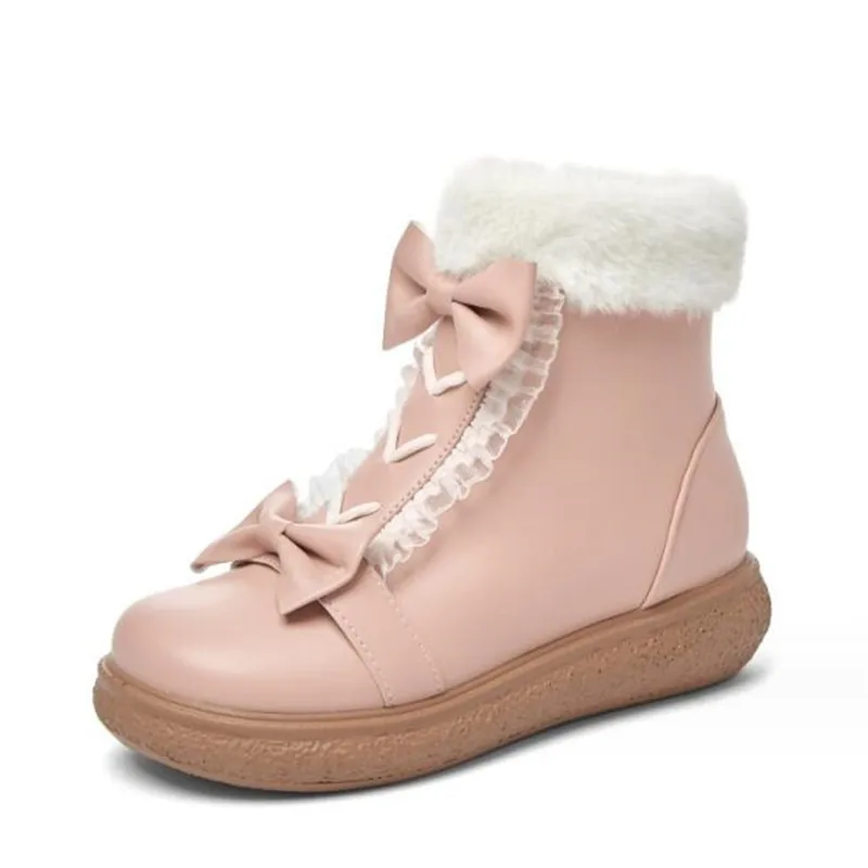 

Size28-43 Winter Girls Snow Boots Women Ankle Boots Bow Zipper School Cosplay Princess Flat Lolita Shoes Girls Platform Booties