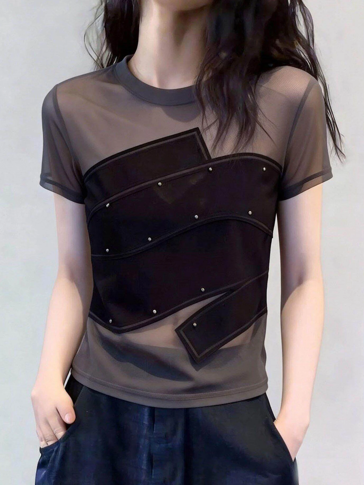 Elegant Short Sleeve T-Shirt round Neck Splice Pure Desire Mesh Net Casual Fashion Spring 2026 Ladies' Top Geometric Pattern