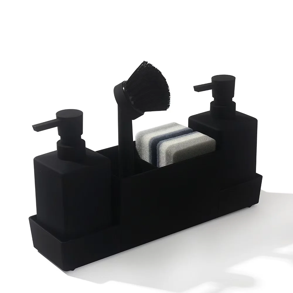 Kitchen soap dispenser with sponge holder and dishwashing brush, for hand washing and dishwashing, bottle with tray