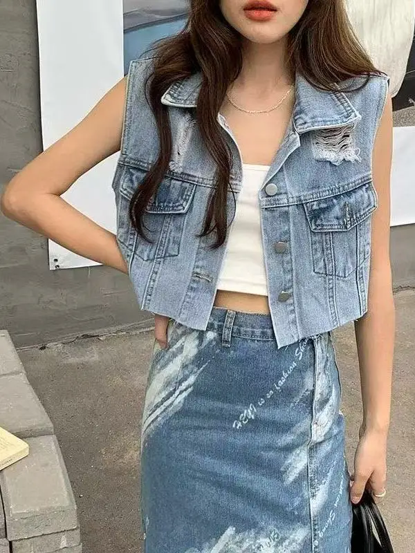 

Women's ort Svel Denim Jaet Collar Waed Single Button Lapel ort Length Brued Frayed oulder Top