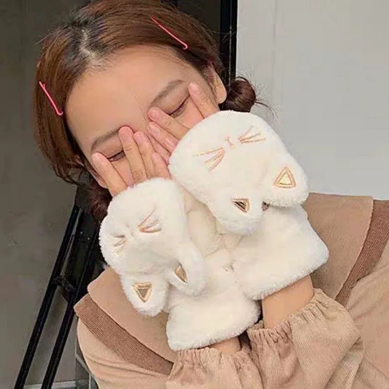Women Cute Cat Claw Gloves Thickened Fingerless Gloves Touchscreen Warm Flip Cover Plush Handwear  Exposed Fingers Mittens