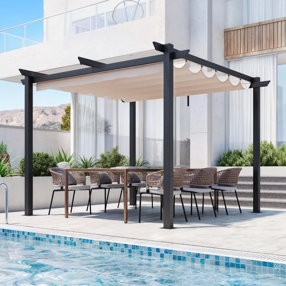 

Retractable Pergola 10' x 10', Metal Freestanding Shelter with Adjustable Sun Shade Canopy for Patios, Beige