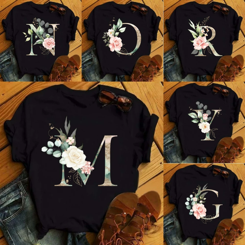 Pink Rose A To Z Letters Oversize Tshirt Hen Bachelorette Party Wedding Bridesmaid T-shirt Plus-size Casual T-shirt Durable