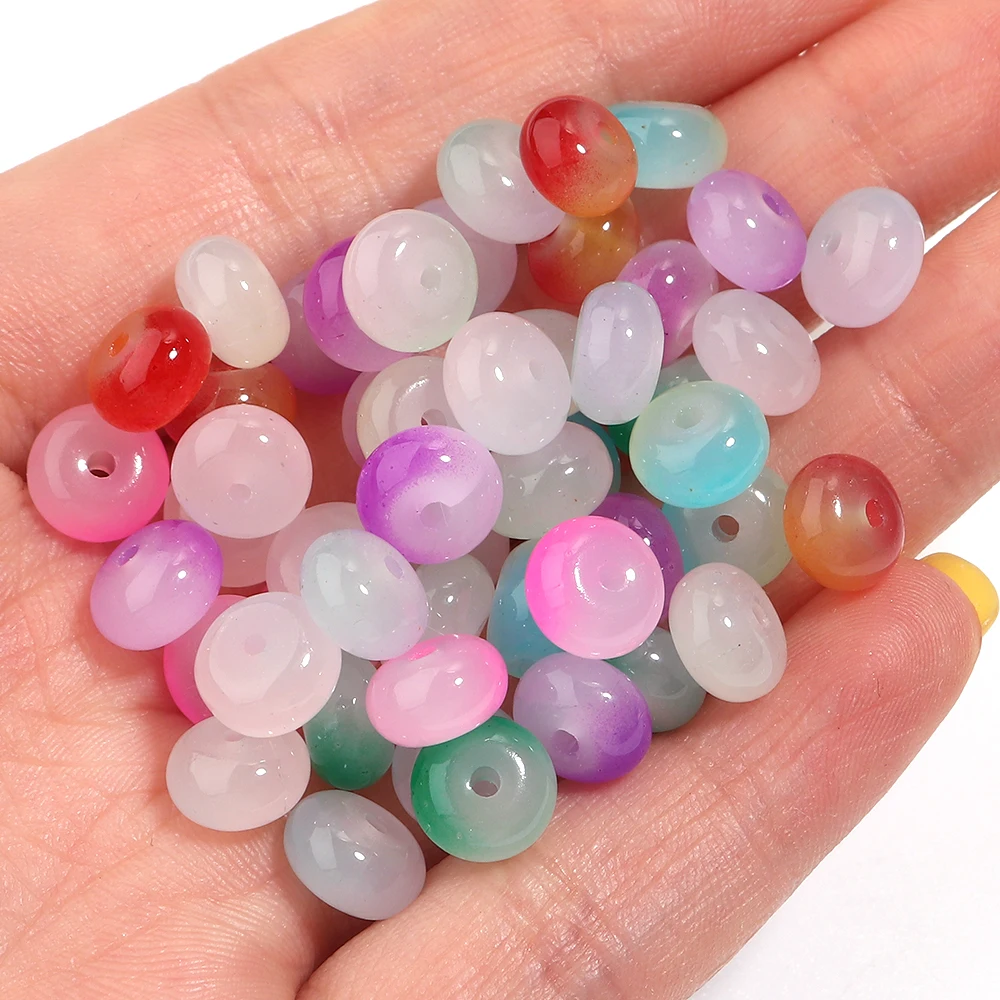 50pcs/lot Two‑Tone Imitation Jade Abacus Glass Beads Flat Round Loose Spacer Bead for DIY Bracelet Necklace Jewelry Making