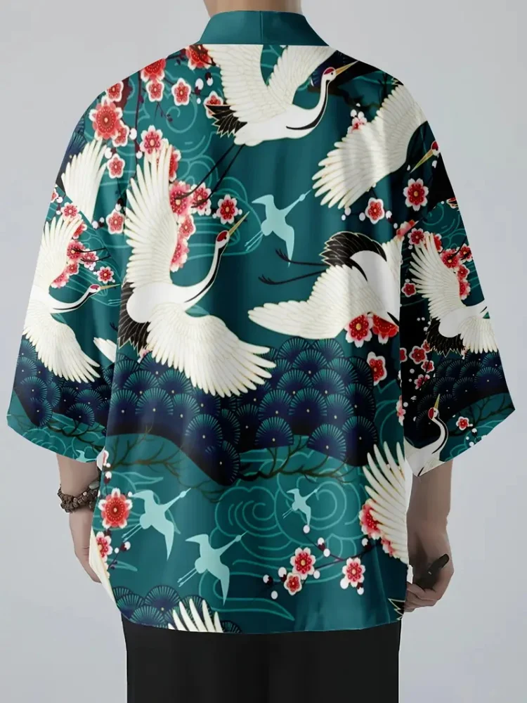 

Summer Traditional Men's Short-sleeved Cardigan Crane Printed Kimono Beach Cardigan Daily Casual Japanese Cardigan Kimono