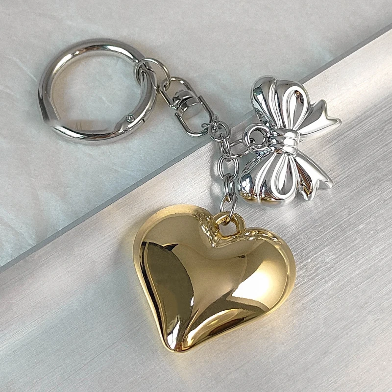 Y2K Love Heart Keychain with Bowknot for Women Girls Golden Silvery Car Keyring Charm Bag Accessories Pendant Decoration Gifts