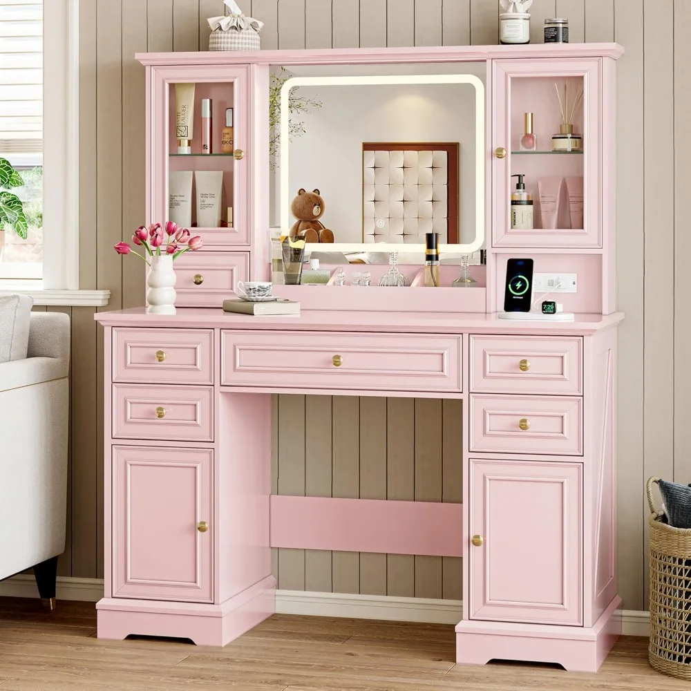 Tocador con luces, espejo LED grande con 3 modos de color, tocador de maquillaje con toma de corriente y puertos USB, juego de tocador rústico con 6
