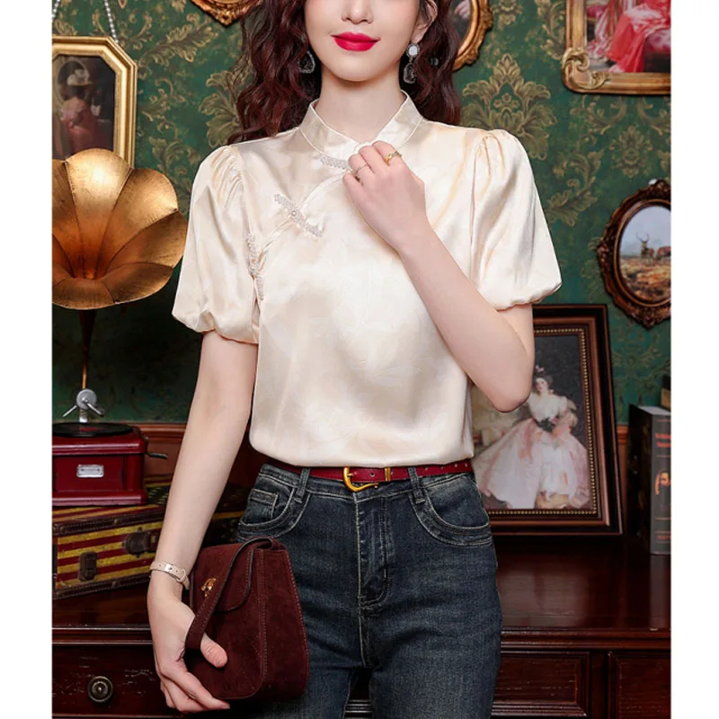 

Summer New Women's Fashion Simplicity Versatile Loose Casual Chinese Style Stand Up Collar Button Up Puff Sleeve Shirt Tops