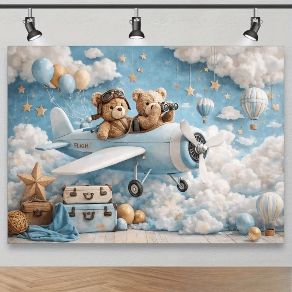 Light Blue Sky Teddy Bear Flying Theme Banner Background, Children's Birthday Party, Home Decoration Photography Backdrop Cloth
