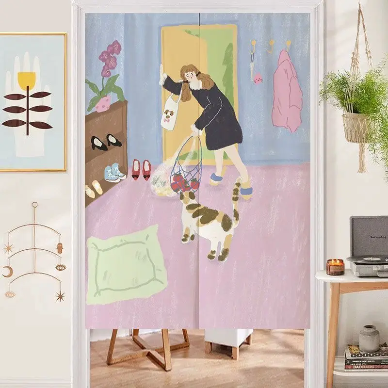 Healing Illustration Wind Door Curtain Afternoon Tea Girl and Spotted Dog Home Non Perforated Room Covering Decorative Curtain