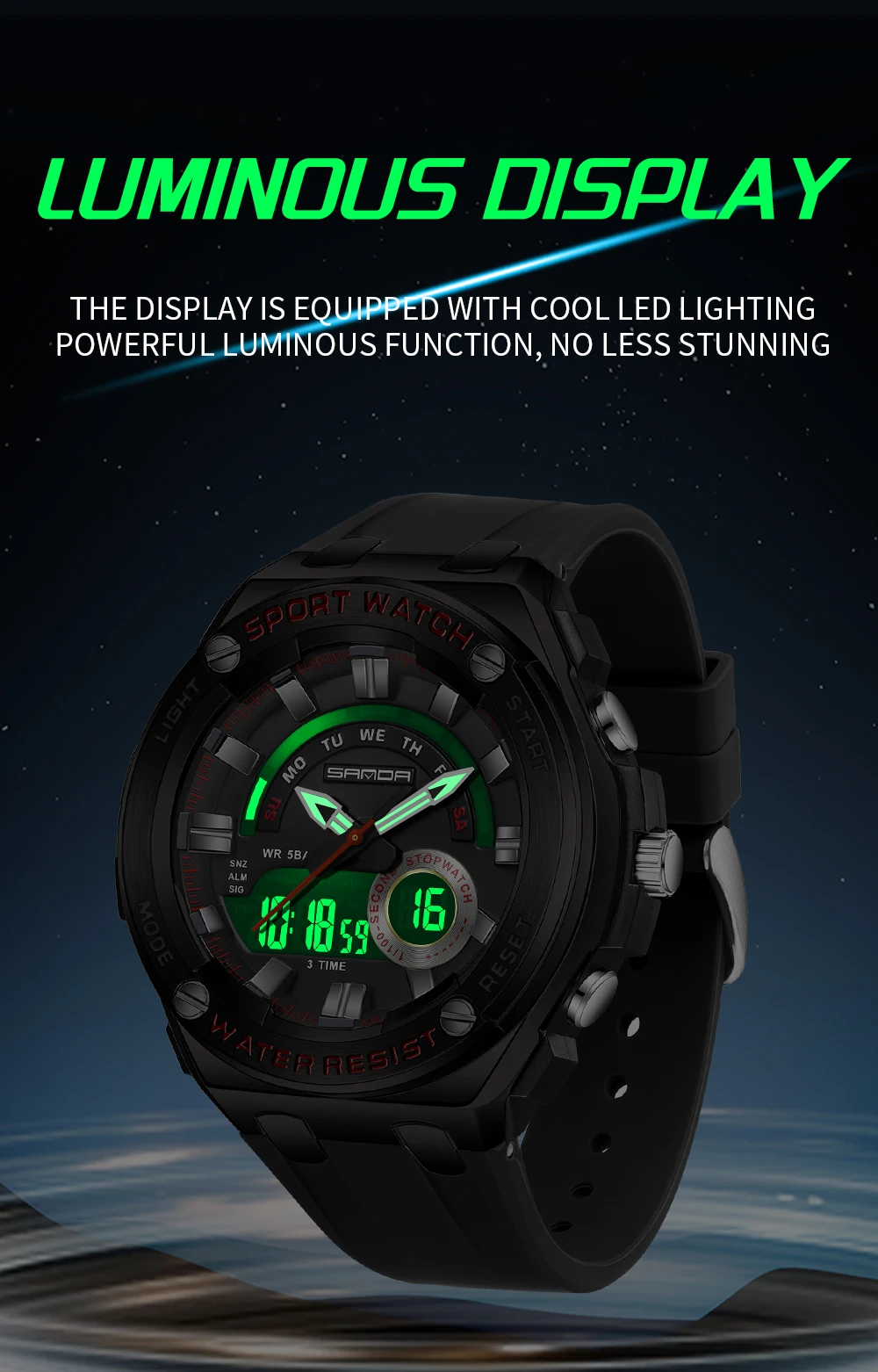 Fashion Sanda 3190 Hot Selling Multifunctional Men\'s Electronic Quartz Watch Waterproof Night Light Alarm Clock Student Sports