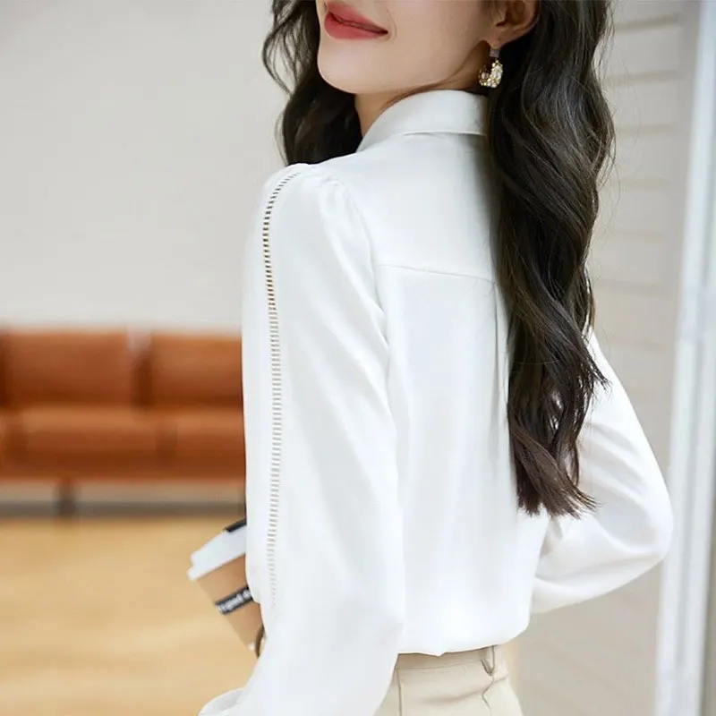 Commute Solid Color Fashion Hollow Out Blouse Casual Single-breasted Female Clothing Polo-Neck Spring Long Sleeve Basic Shirt