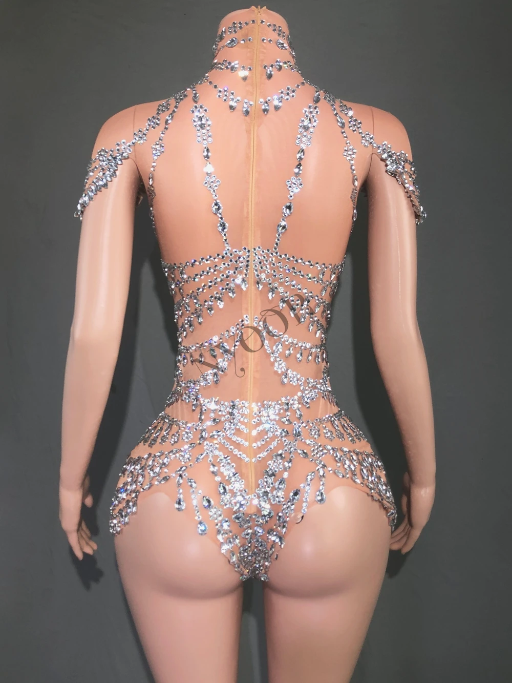 Sparkly Rhinestones Bodysuit for Women Sexy Mesh Transparent Performance Dance Costume Singer Dancer Show Stage Wear