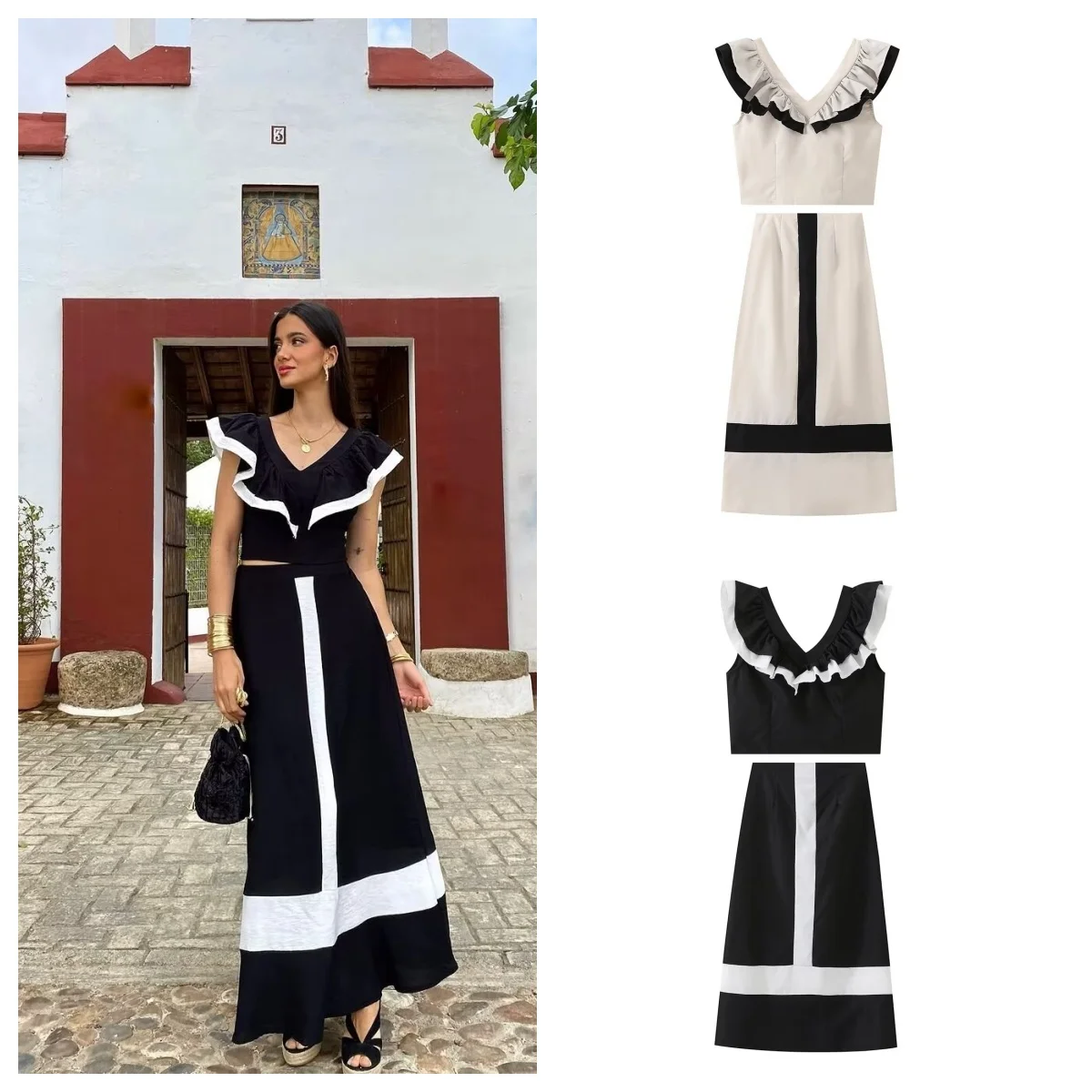 European and American style fashion high-end suit with ruffled V-neck sleeveless top for women with design straight skirt