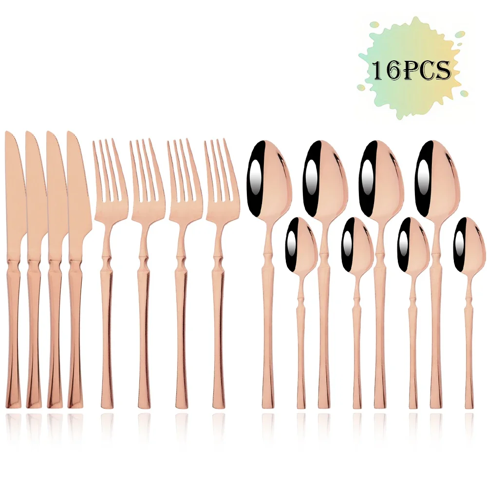 16-teiliges gehobenes Rosengeschirr-Set aus Edelstahl, Geschirr, Messer, Gabel, Kaffeelöffel, Besteck, spülmaschinenfest, Abendessen, Besteck, Geschenk