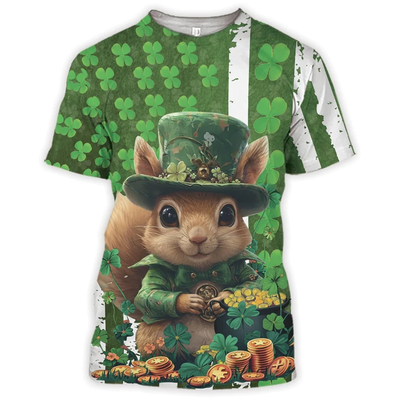 Clover Animals Graphic T Shirts Lucky Money T Shirt For Men Clothes Cute Dog Raccoon Squirrel T-Shirt Casual Unisex Streetwear