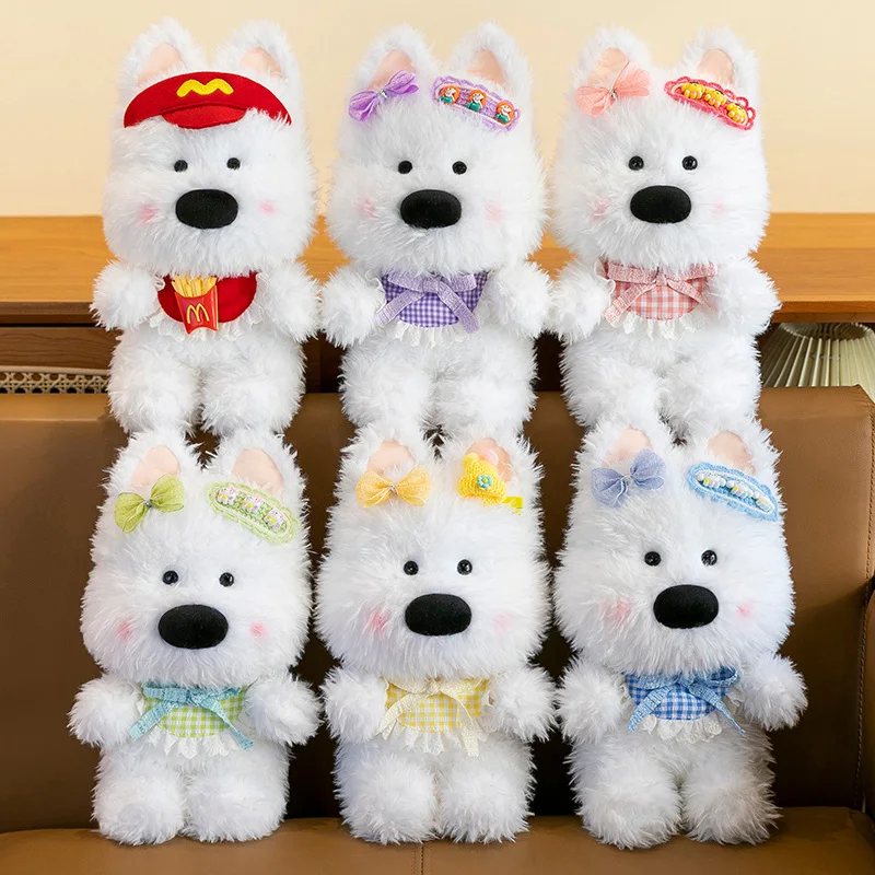 Lovely Fluffly White West Highland Dog Plush Toy Soft Stuffed Animal Cute Stray hair Big Nose Puppy Baby Appease Doll Girls Gift