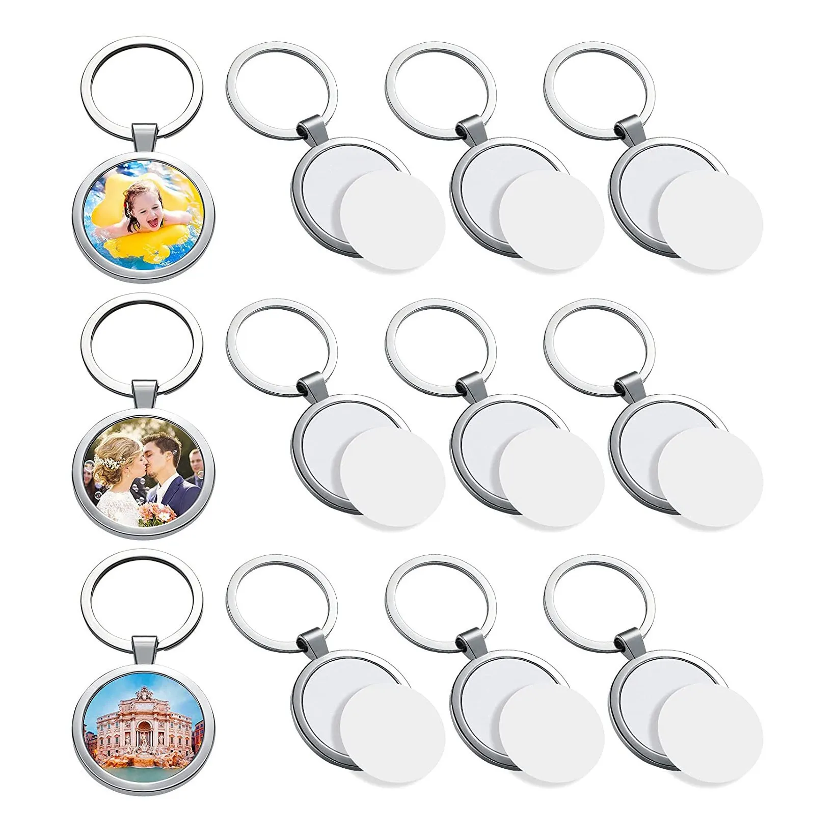 9 Pcs Sublimation Blank Keychain Round Heat Transfer Keychain Metal Board Key Rings Thick Sublimation Photo Keychain