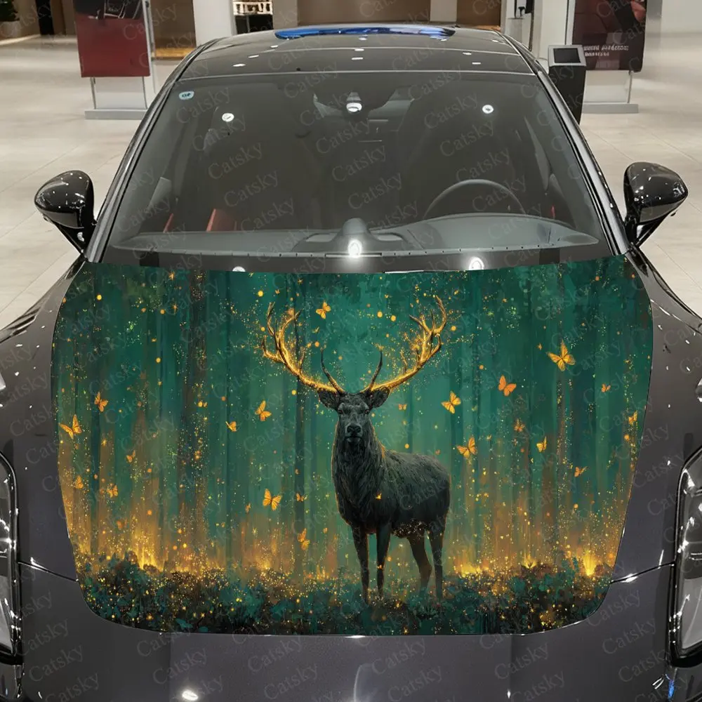 

Deer in Green-Lit Forest Car Vinyl Wrap, PVC Material Waterproof Car Hood Sticker, Self-Adhesive Scratch-Resistant Stickers for