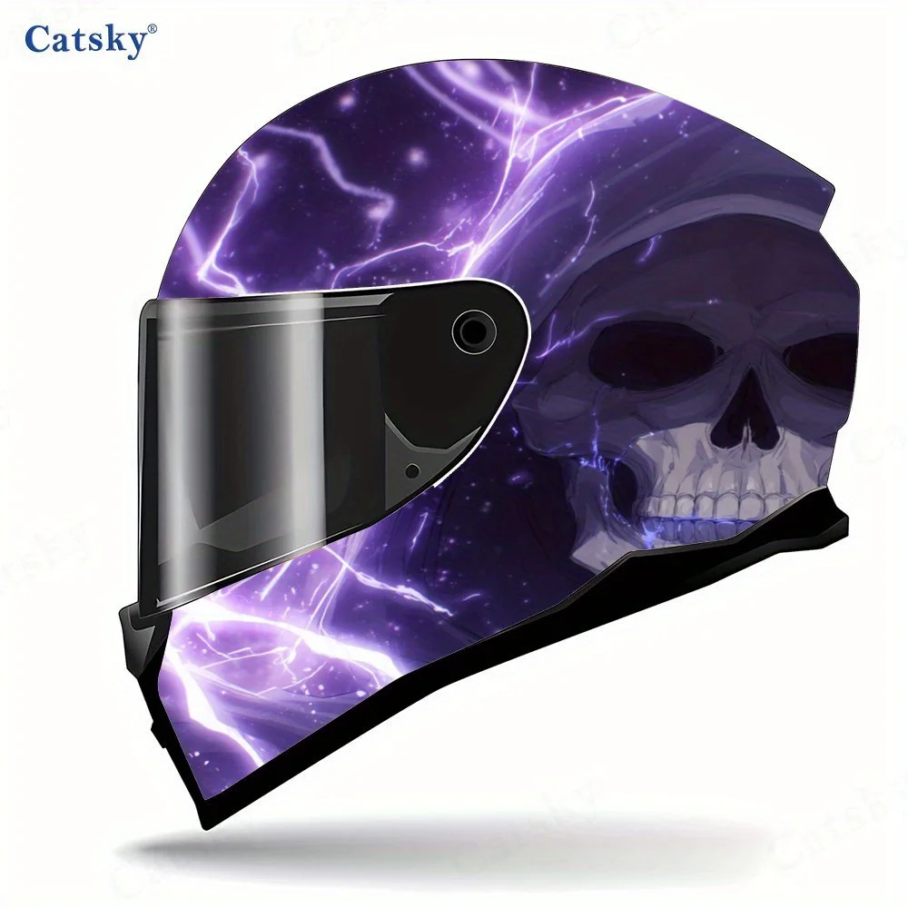 Purple Lightning Skull Full Face Helmet Vinyl Wrap Sticker, Waterproof Scratch-Resistant Self-Adhesive PVC Decals, Artistic Aest view 3