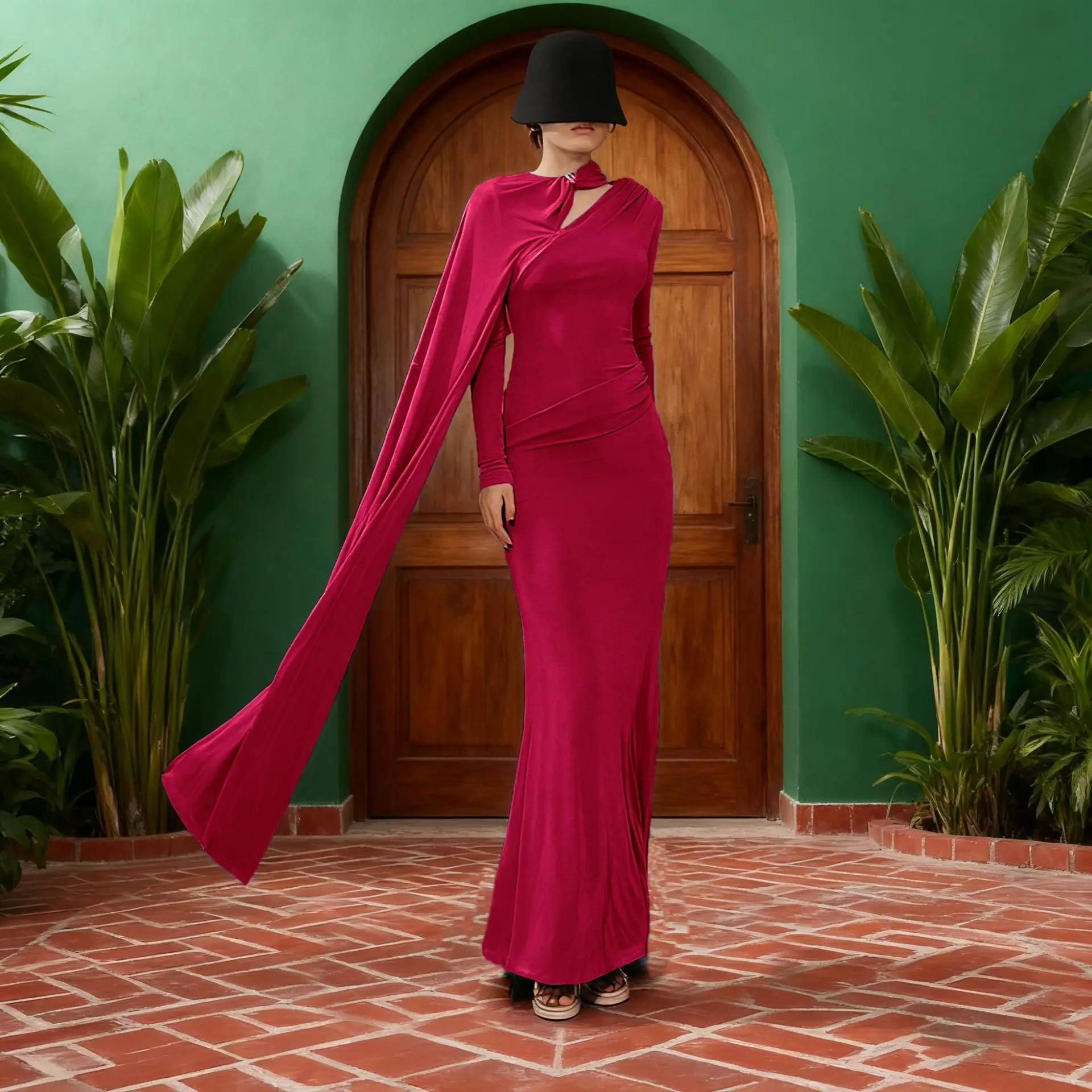 Franse elegante stijl effen kleur lange mouwen avondjurken herfst lint splitsen hoge taille slim fit bodycon maxi-jurk dames