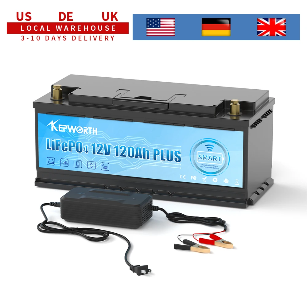 KEPWORTH 12V 120Ah LiFePO4 Smart-Batterie mit 120A BMS, für Wohnmobile, Marine, Solar, Off-Grid, Trolling-Motor - Deutschland Lager