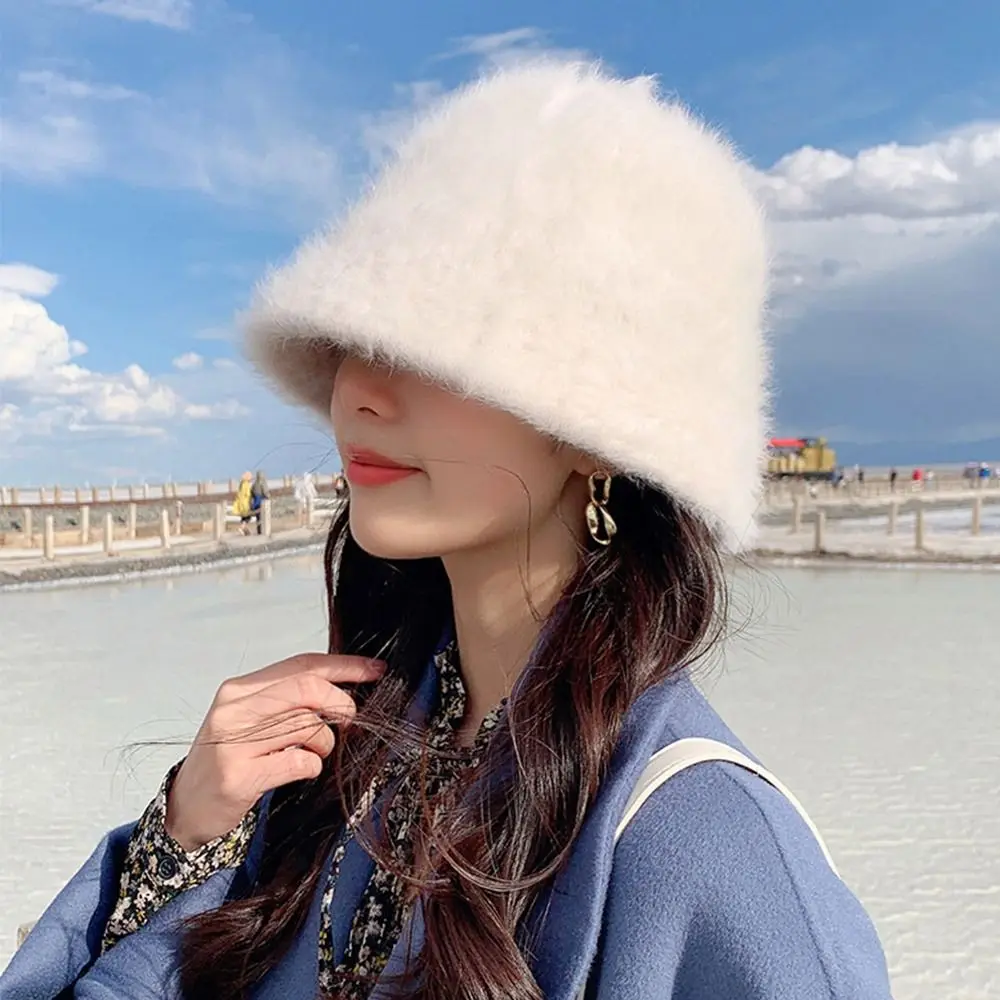 Outdoor Bucket Hat Warm Furry Panama Hat Winter Soft Basin Sun Cap for Women