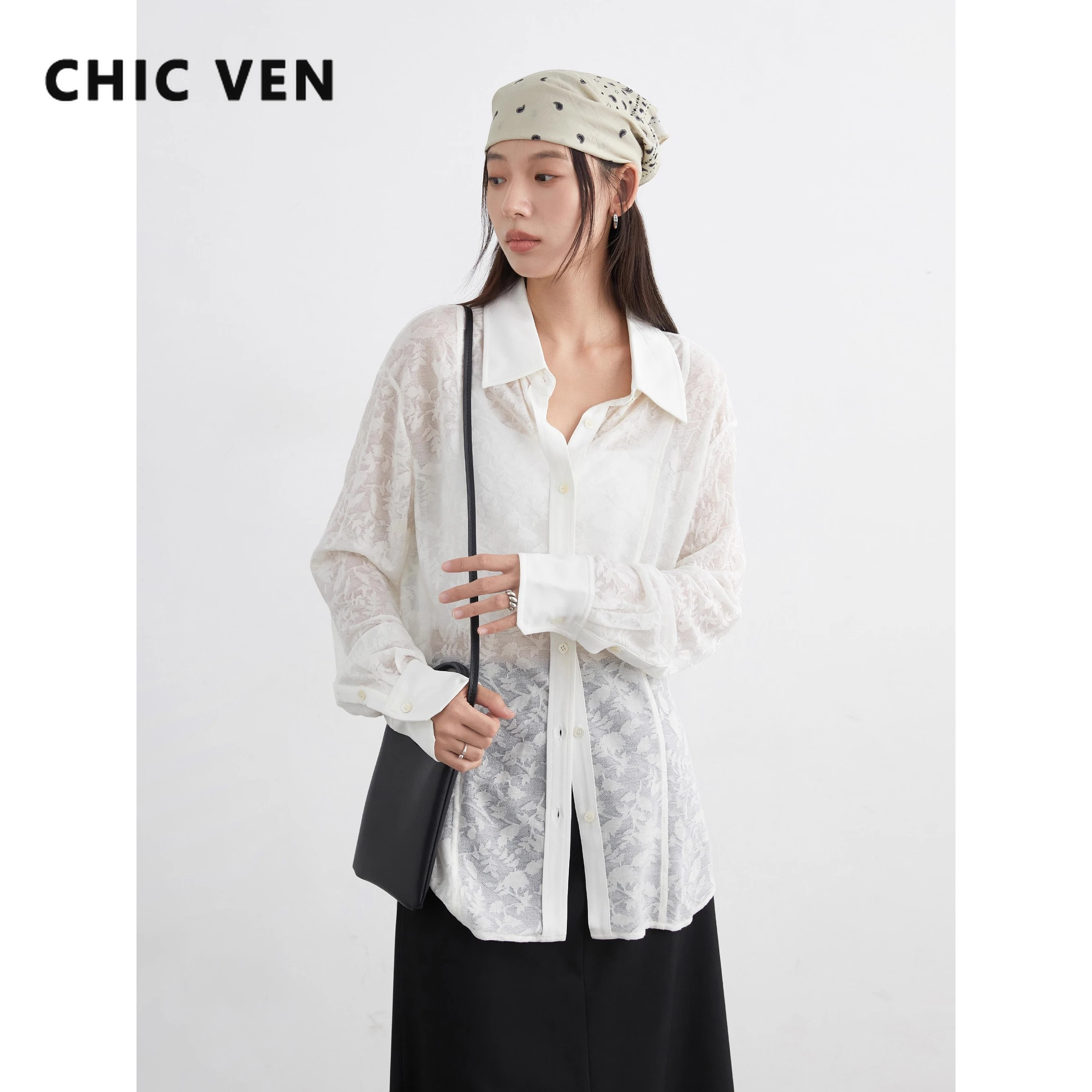 شيك فين قميص نسائي فضفاض غير رسمي على الوجهين دانتيل جاكار تصميم بلوزات بأكمام طويلة للمرأة ربيع الخريف 2025 الملابس