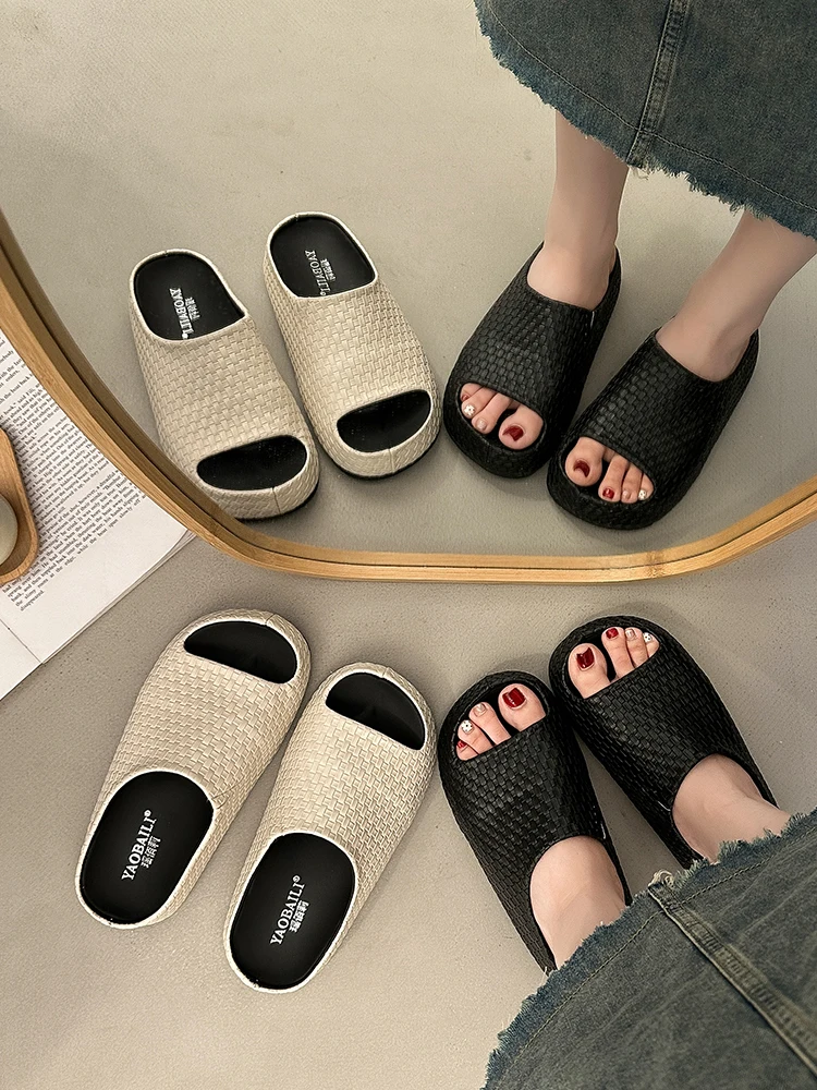 Women's Thick Bottom Woven Mule Slippers Casual Slip-On Summer New Style Increased Versatile Cool Sandals French Style Ultra-...