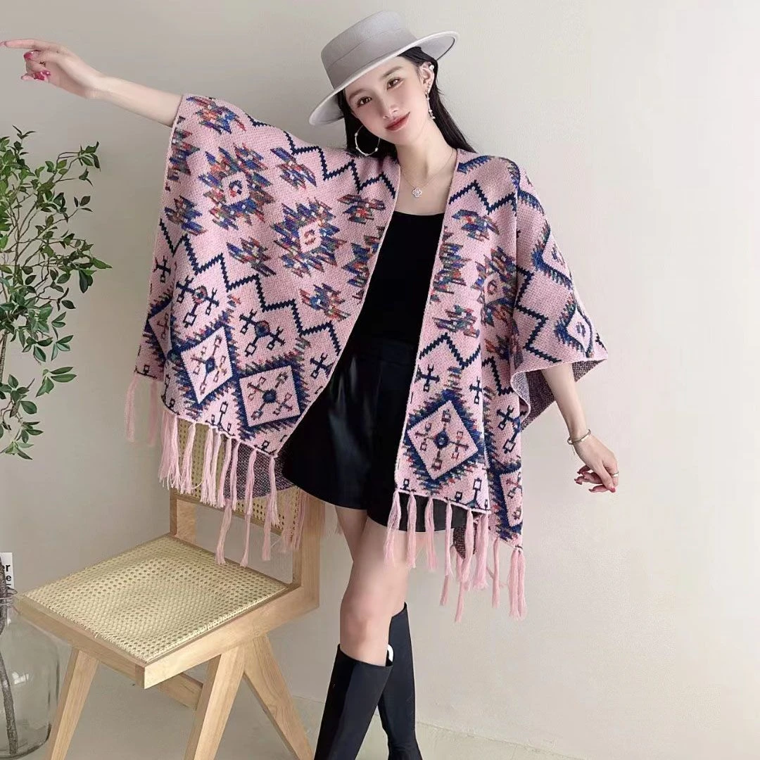 Poncho de caxemira feminino, europeu e americano, estilo étnico, capa borla, xale de viagem, lenços de outono e inverno