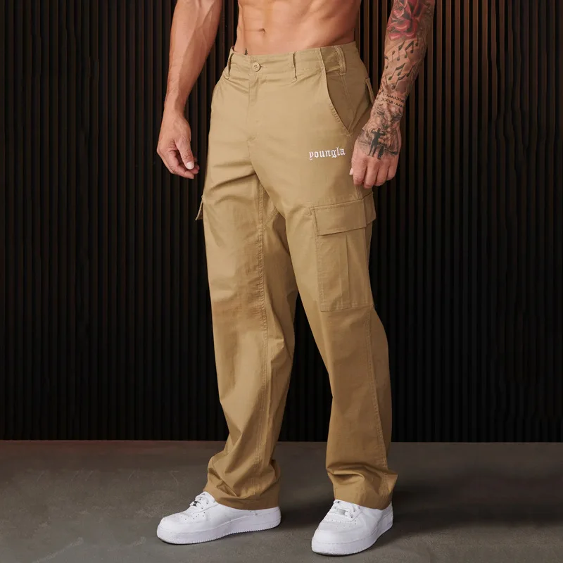 2024 new youngla big pocket overalls trousers men's autumn stitching solid color leisure sports loose straight pants