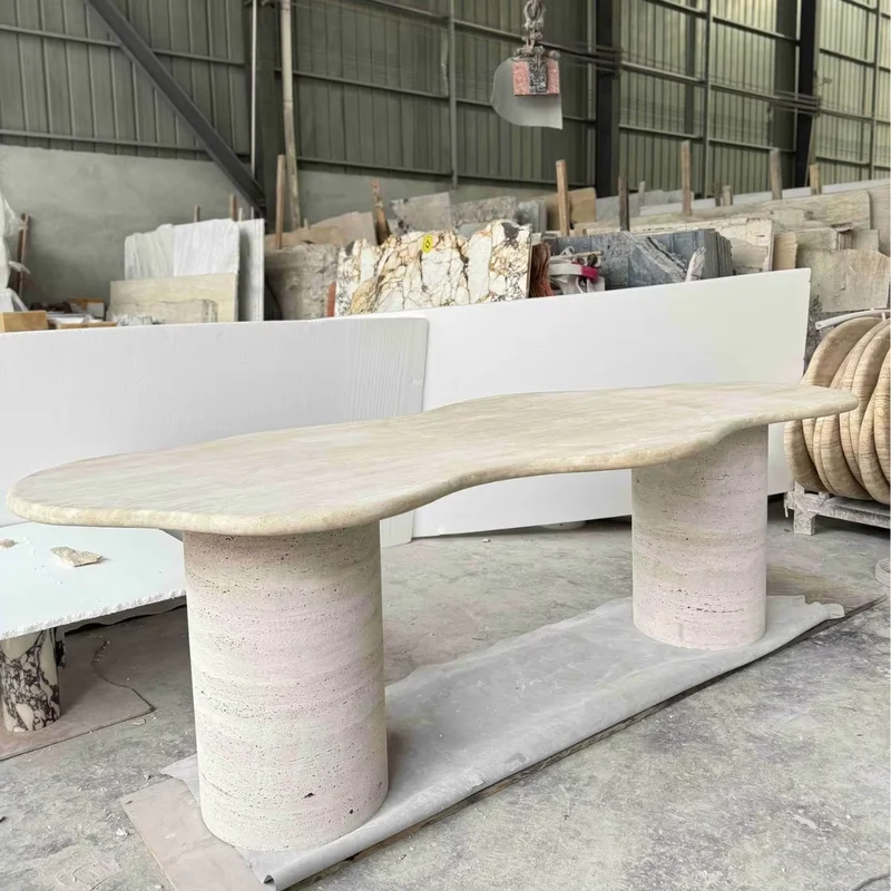 xx-Customized Natural Stone Furniture Round Oval Shape Fluted Base Marble Dining Table Beige Travertine Stone Dining Table^