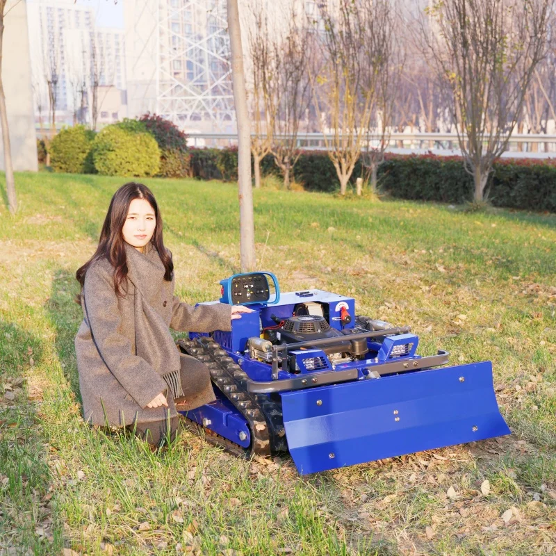 

Customized remote-controlled lawn mower robot with a snow shovel added in front for cutting numerical weeds