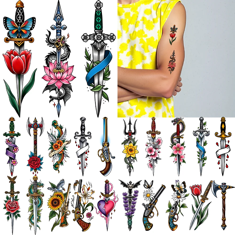 

9pcs Temporary Tattoo Sword Tattoos New School Traditional Tattoo Designs Waterproof Long-lasting Body Stickers For Women