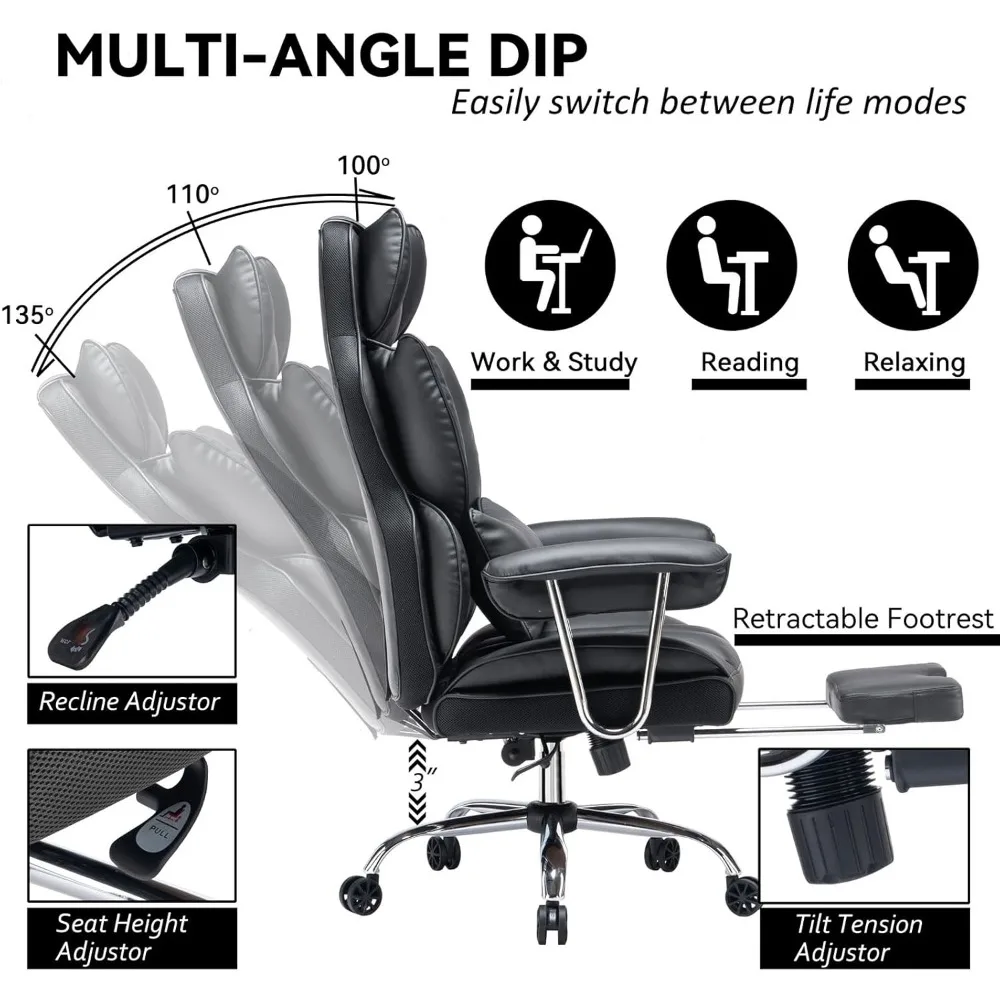 Silla de oficina ejecutiva para personas pesadas, silla de ordenador con respaldo alto y reposapiés, silla de oficina ajustable en altura, grande y alta