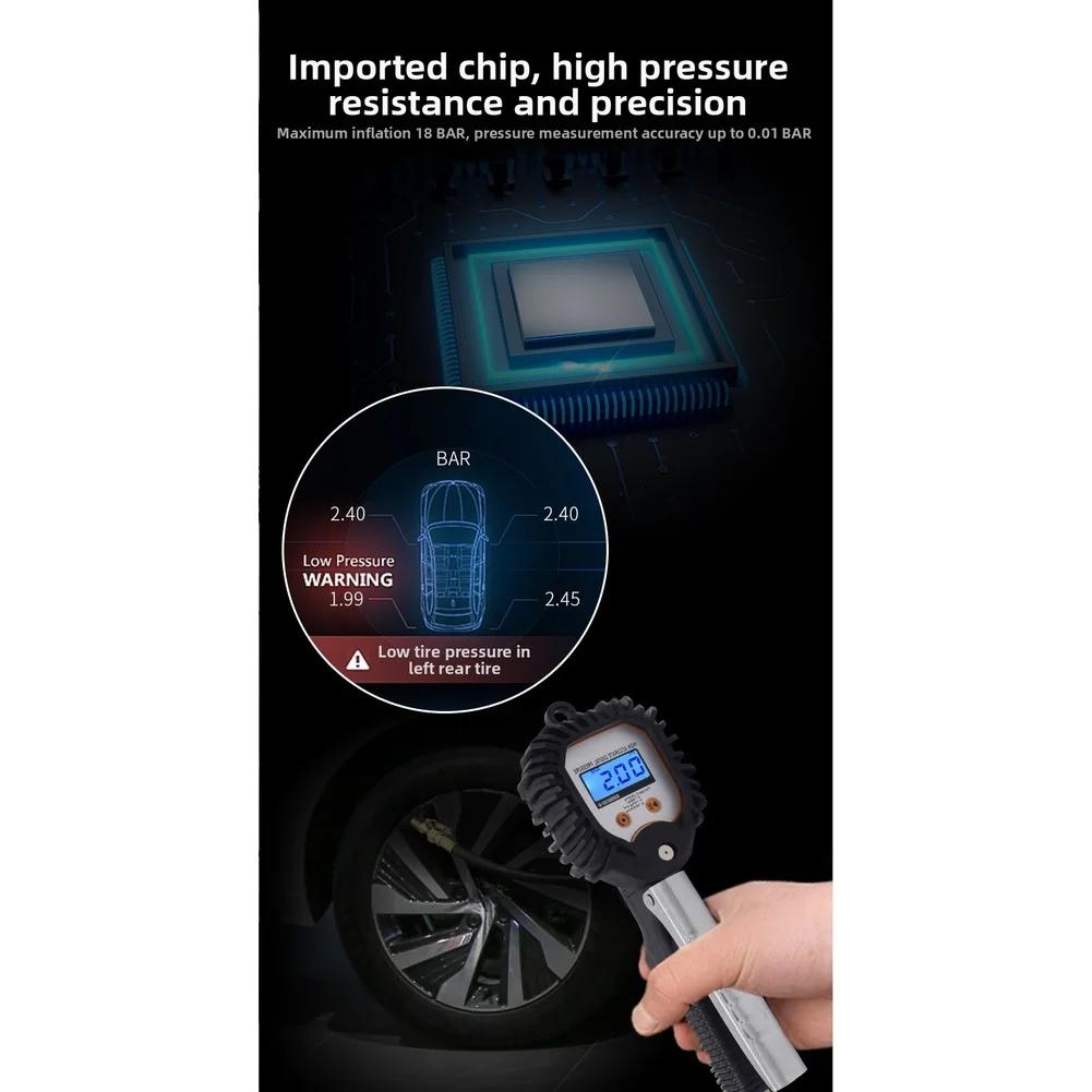 BW-001 Digital Pressure Gauge for Tires 0-255 PSI / 18 BAR / KG-CM2 / KPA LCD Readout and 600mm Hose for All Vehicle Types