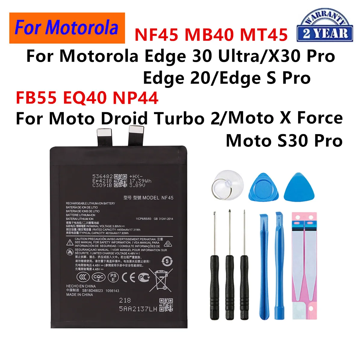 NF45 MB40 MT45 FB55 EQ40 NP44 Battery For Motorola Edge 30 Ultra/X30 Pro/Edge 20/Edge S Pro /Moto S30 Pro /Droid Turbo 2 +Tools