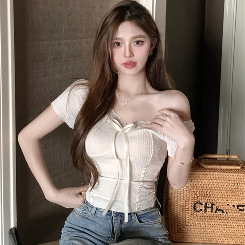 Vintage Lace Patchwork Summer Crop Tops Women 2024 Casual Short Sleeve Blusas Femininas Korean Style Bow Corset Top Shirts y2k