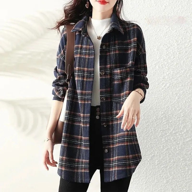 Women\'s Elegant Plaid Shirts, Loose Top, Medium Length, Casual, Simplicity, Office Lady Fashion, Autumn Clothes, New Style